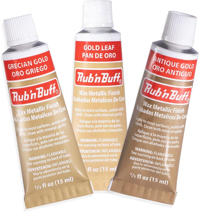 Amaco Rub n Buff Wax Metallic Finish 3 Color Kit - Antique Gold Grecian Gold and Gold Leaf 15ml Tubes - Versatile Gilding Wax for Finishing Furniture Antiquing and Restoration - 3 Rub and Buff Colors - Image 1